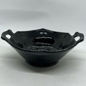 Vintage LE Smith Handmade Black Glass Hexagon Two-Handled Bowl